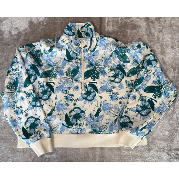 Fabletics 1/4 Zip Blue Green Floral Mock Neck Cropped Sweatshirt Womens XL - Picture 1 of 7